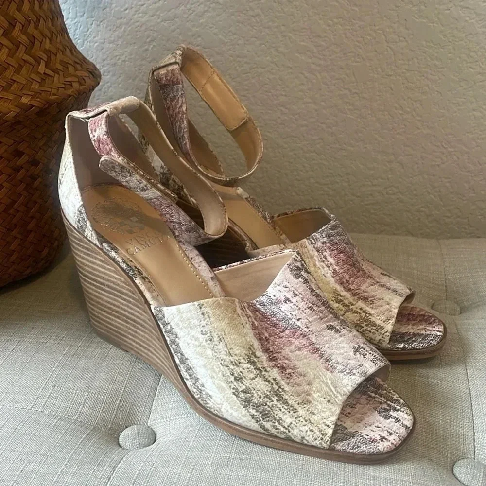 Vince Camuto size 8M ankle strap leather wedge heels